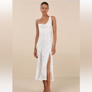 Matea White Polka Dot Satin Cowl Tie-Back Midi Dress